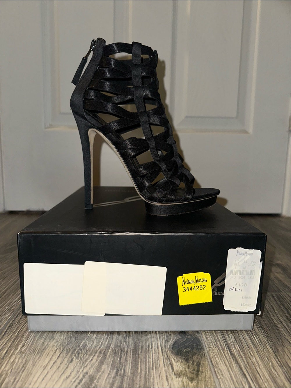 Brian Atwood Black Satin Strappy High Heel Sandals